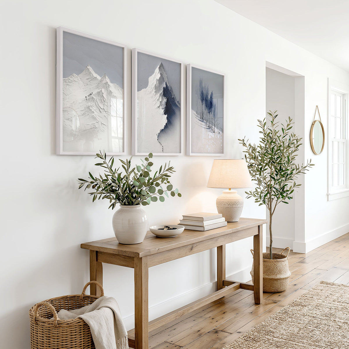 Mountain Drawings Scandinavian Snow Landscape wall art displayed on a wall in a styled room — view 8