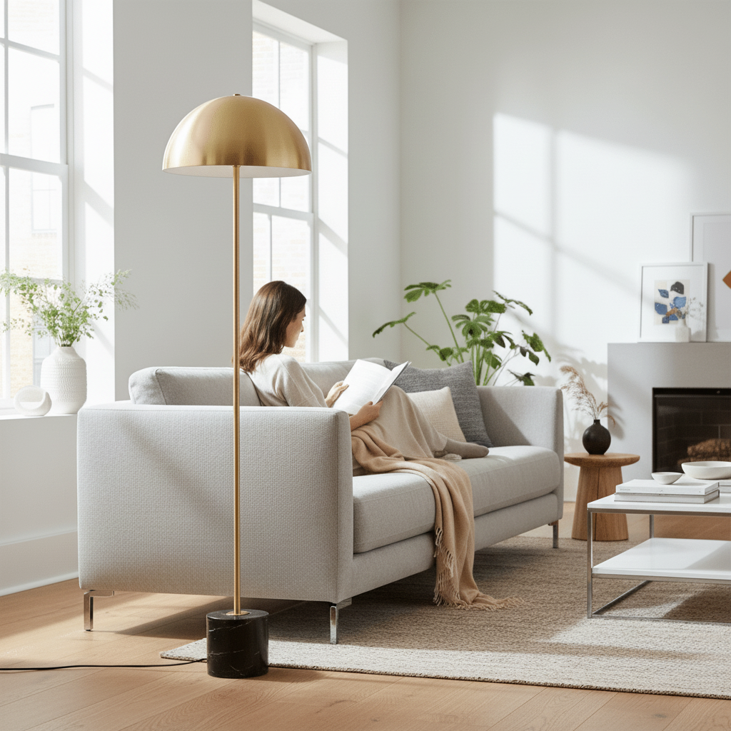 Murdoch Brushed Brass Floor Lamp with Black Marble Base