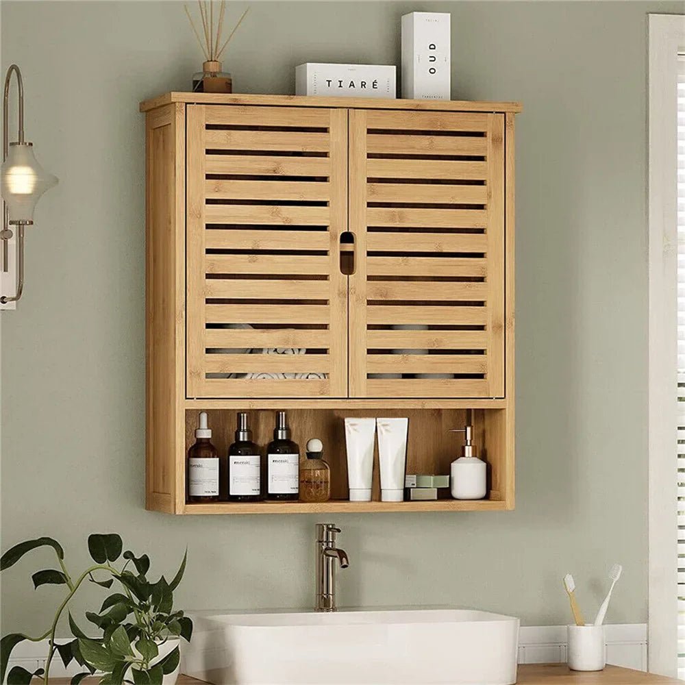 Natural Bamboo Wall - mounted Bathroom Cabinet, Kitchen Cupboard, Storage Organizer, Adjustable Shelf