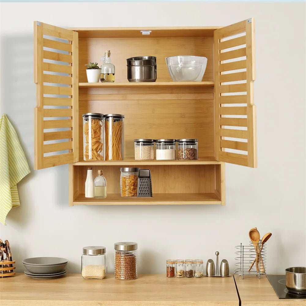 Natural Bamboo Wall - mounted Bathroom Cabinet, Kitchen Cupboard, Storage Organizer, Adjustable Shelf