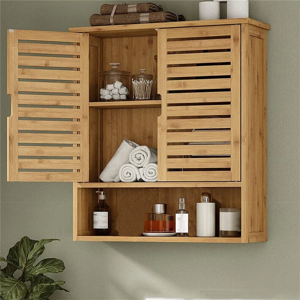 Natural Bamboo Wall - mounted Bathroom Cabinet, Kitchen Cupboard, Storage Organizer, Adjustable Shelf