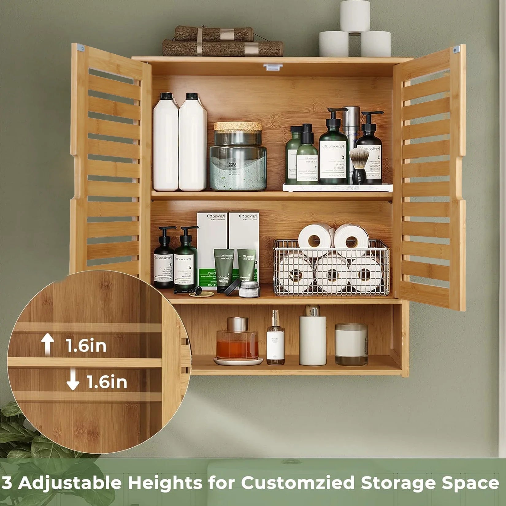 Natural Bamboo Wall - mounted Bathroom Cabinet, Kitchen Cupboard, Storage Organizer, Adjustable Shelf