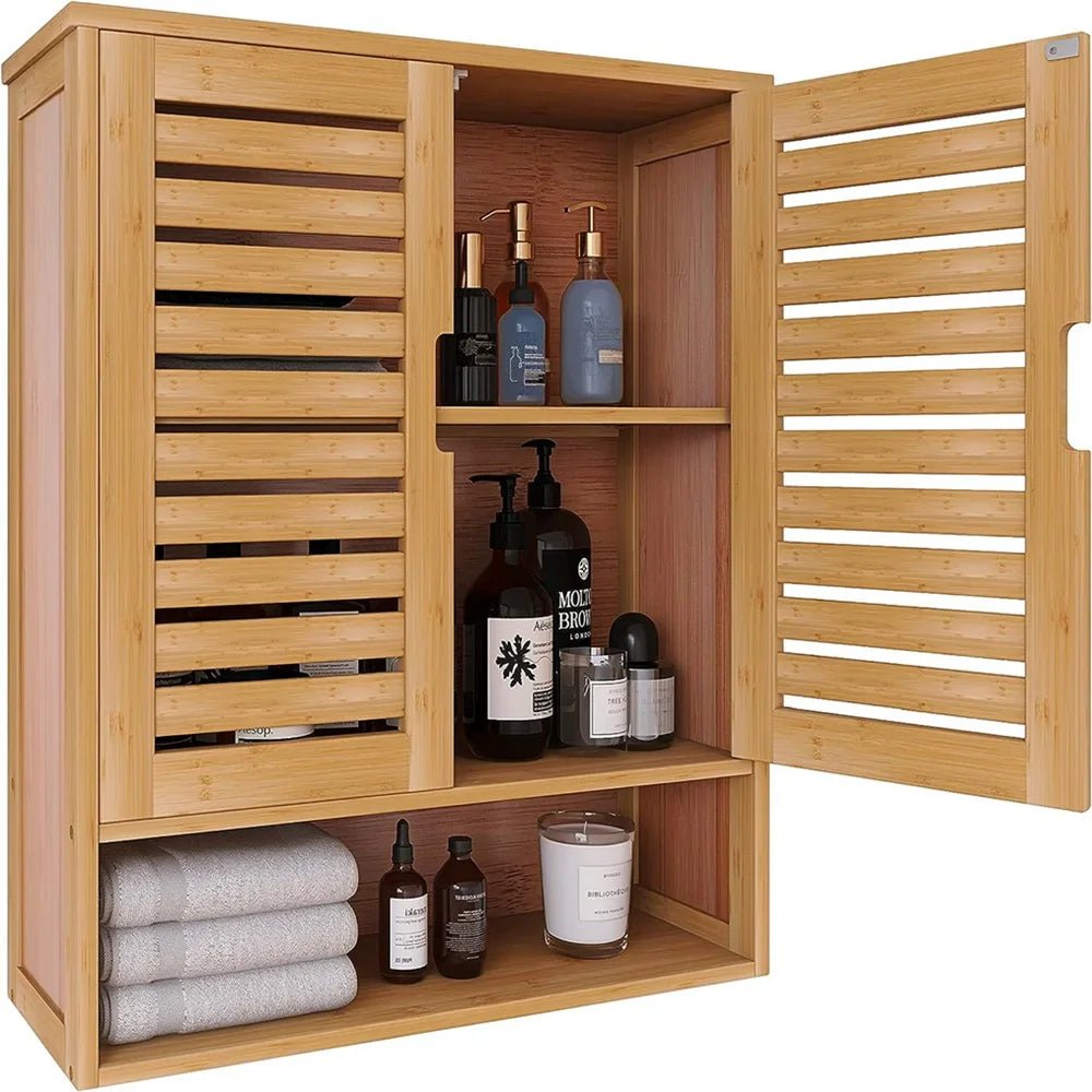 Natural Bamboo Wall - mounted Bathroom Cabinet, Kitchen Cupboard, Storage Organizer, Adjustable Shelf