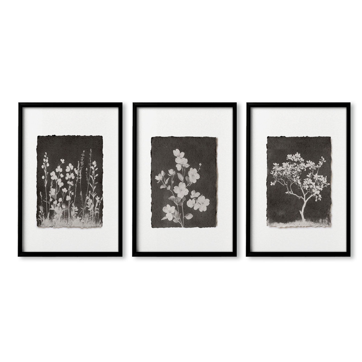 Nature Art Dark Botanical Wildflowers & Blossom Wall Art Prints | Set of 3