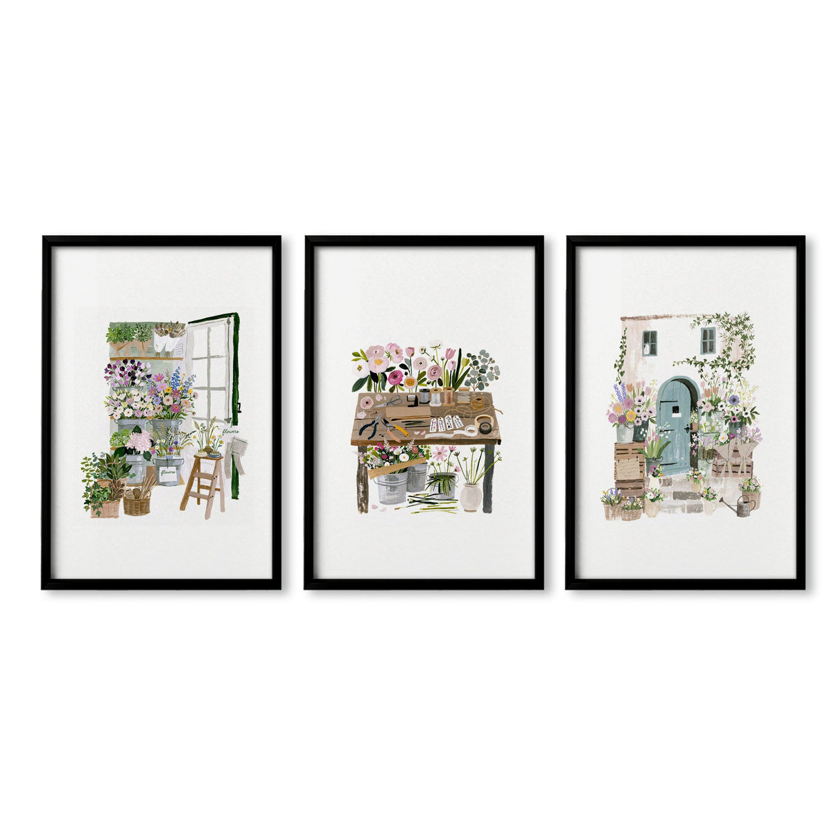 Nature Canvas Wall Art Botanical Flower Shop Illustrations in a black frame