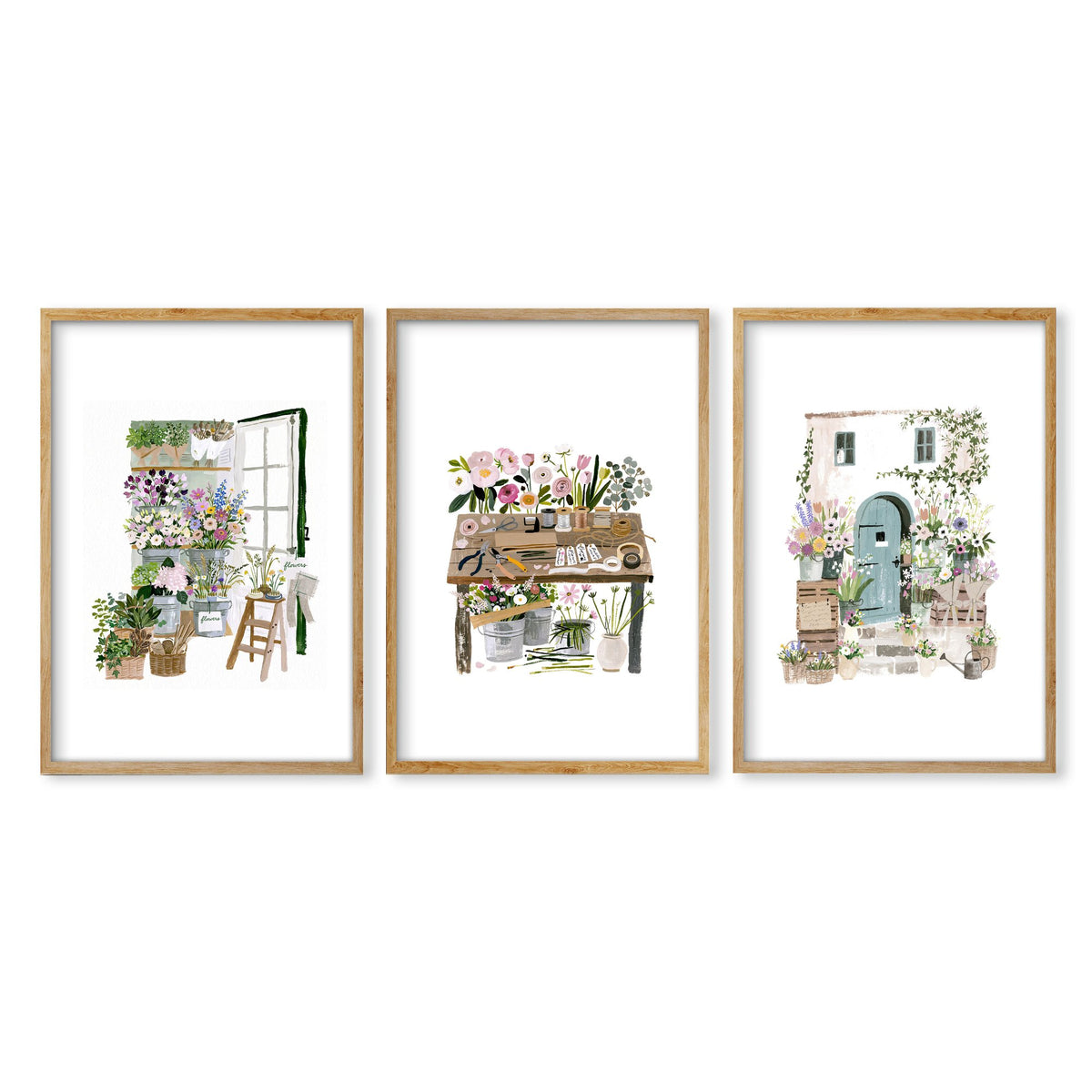 Nature Canvas Wall Art Botanical Flower Shop Illustrations in an oak frame