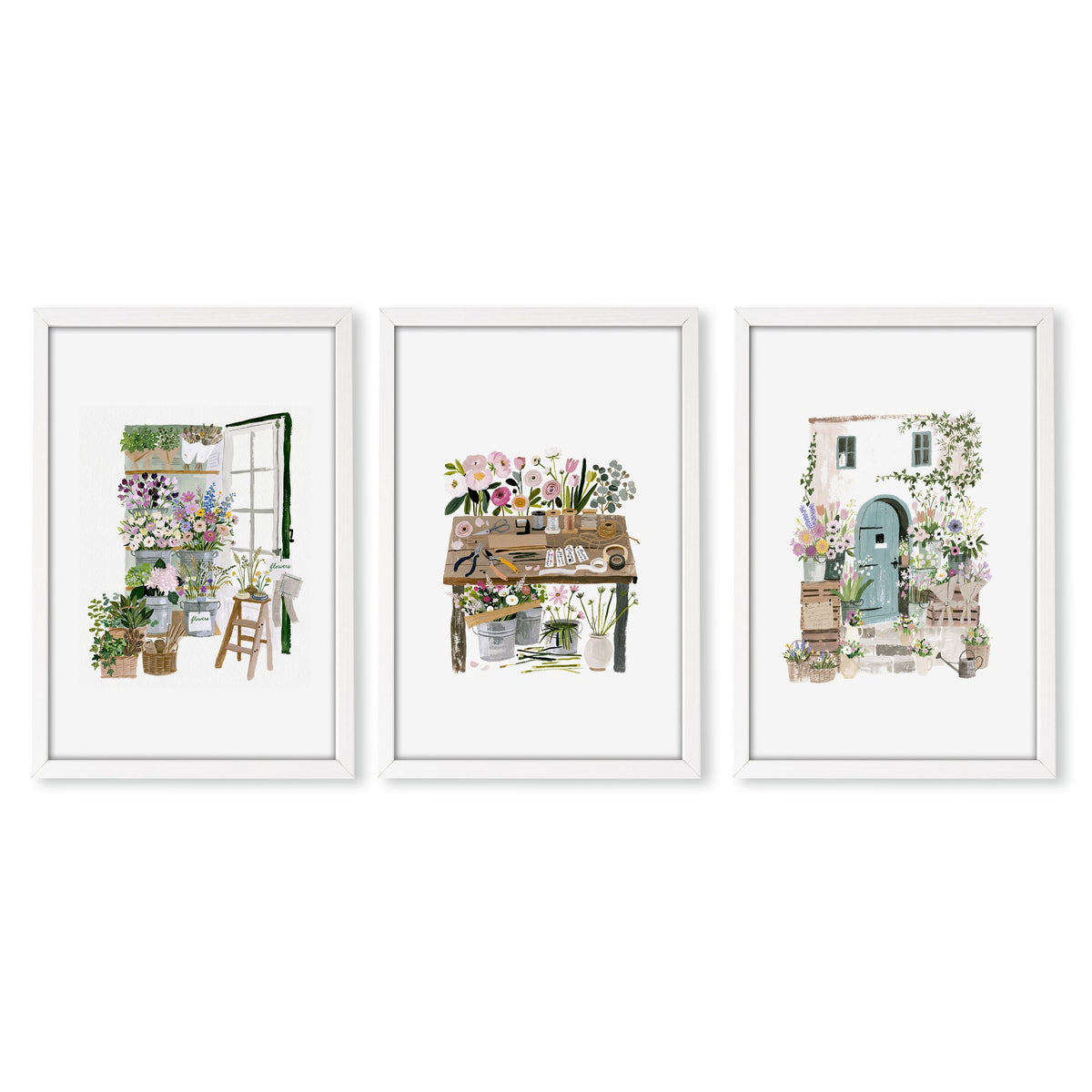 Nature Canvas Wall Art Botanical Flower Shop Illustrations in a white frame