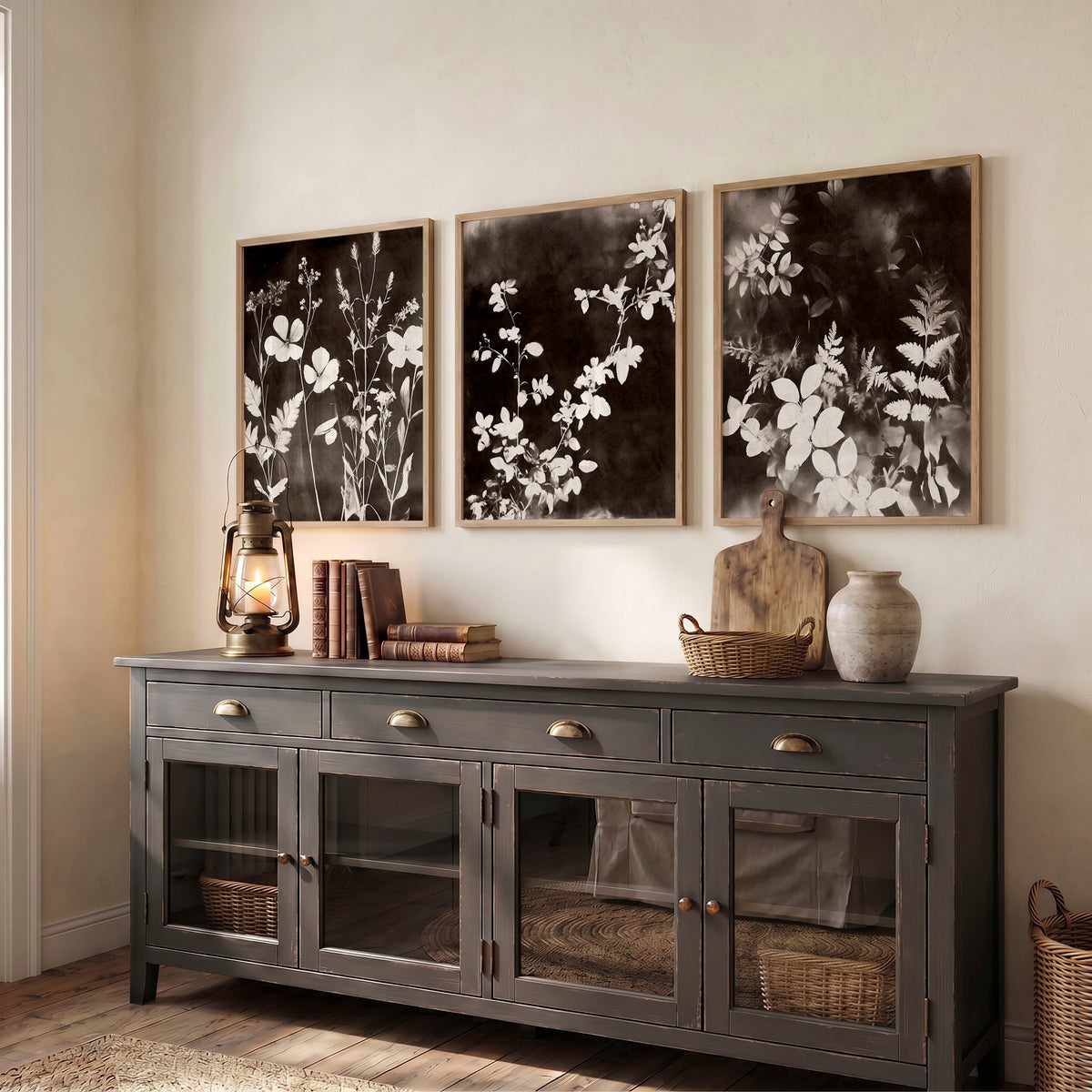 Nature Landscape Art Dark Botanical Wildflowers & Leaves Mink wall art displayed on a wall in a styled room — view 5