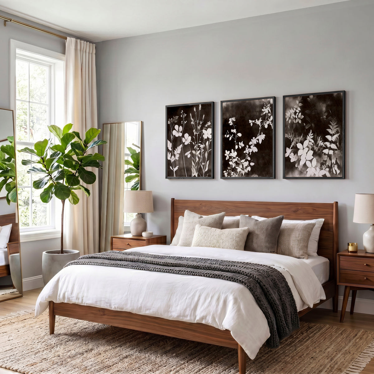 Nature Painting Dark Botanical Wildflower & Leaf wall art displayed on a wall in a styled room