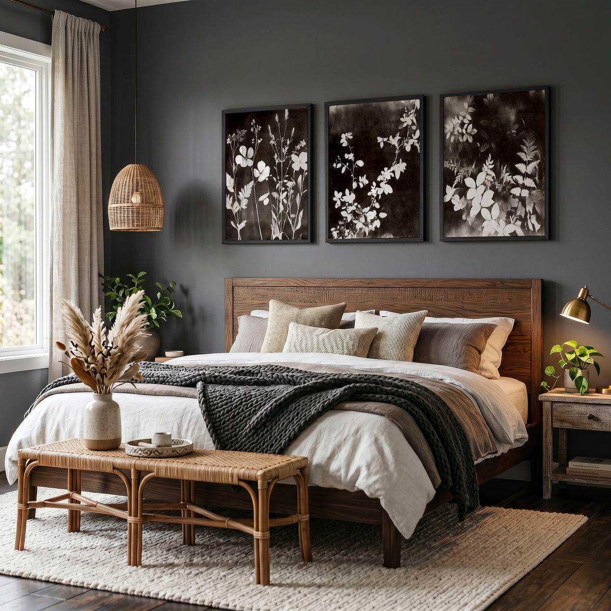 Nature Painting Dark Botanical Wildflower & Leaf wall art displayed on a wall in a styled room — view 4