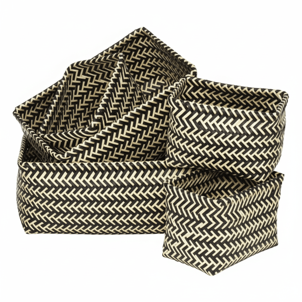 Nautical Set Of Five Black And White Woven Storage Baskets