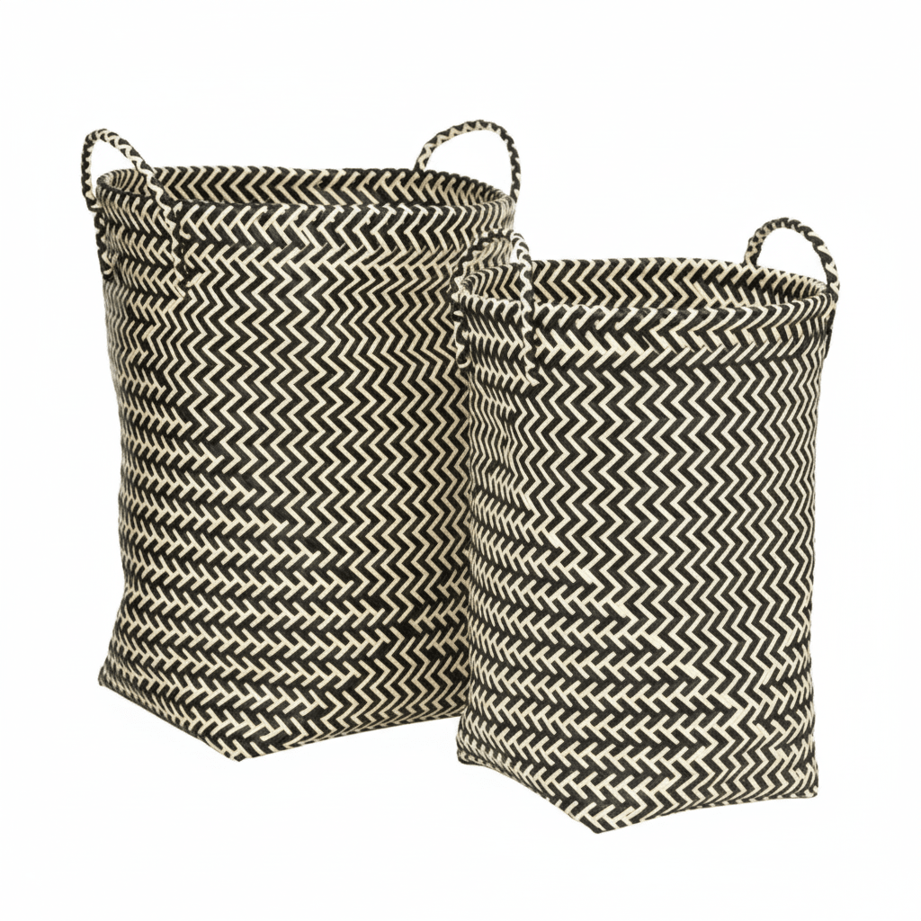 Nautical Set Of Two Black And White Woven Storage Baskets