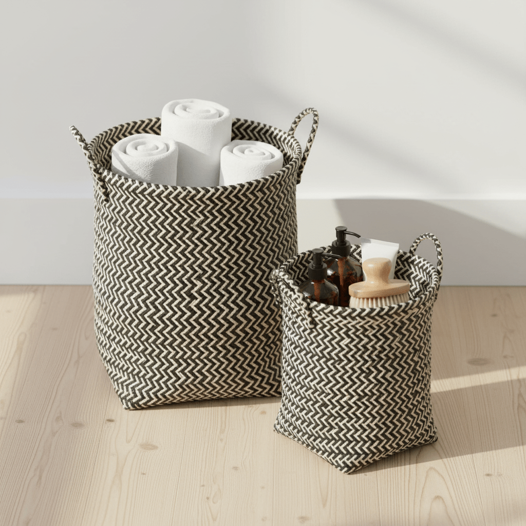 Nautical Set Of Two Black And White Woven Storage Baskets