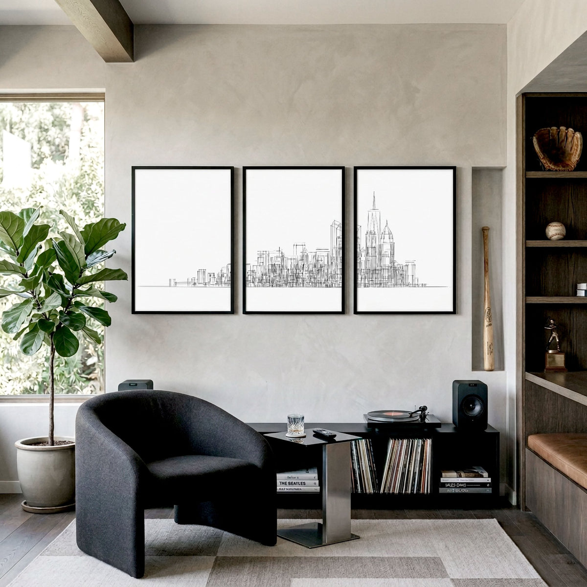 New York Posters Minimalist Skyline Line Drawing wall art displayed on a wall in a styled room