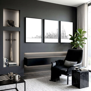 New York Posters Minimalist Skyline Line Drawing wall art displayed on a wall in a styled room — view 2
