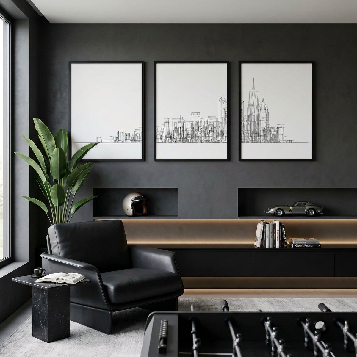New York Posters Minimalist Skyline Line Drawing wall art displayed on a wall in a styled room — view 3