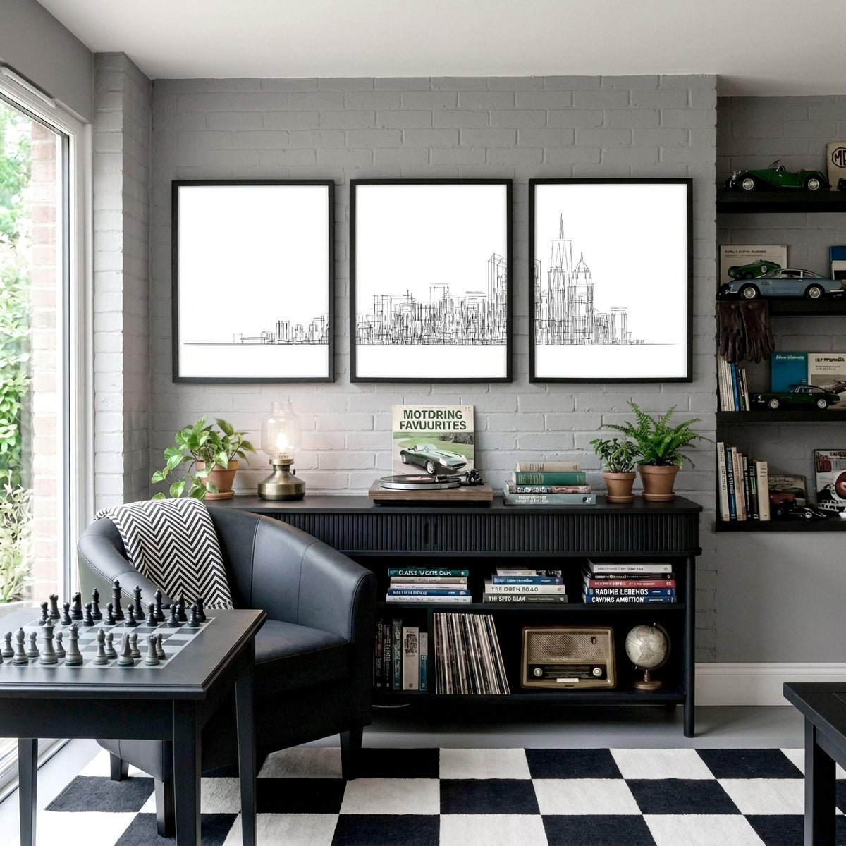 New York Posters Minimalist Skyline Line Drawing wall art displayed on a wall in a styled room — view 4