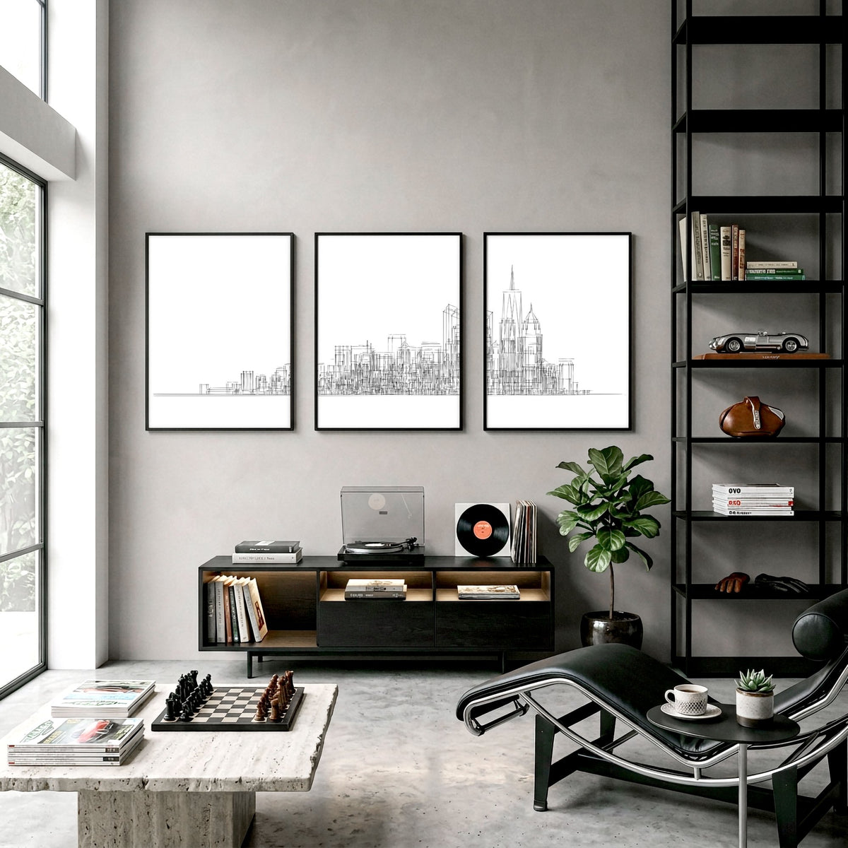 New York Posters Minimalist Skyline Line Drawing wall art displayed on a wall in a styled room — view 6