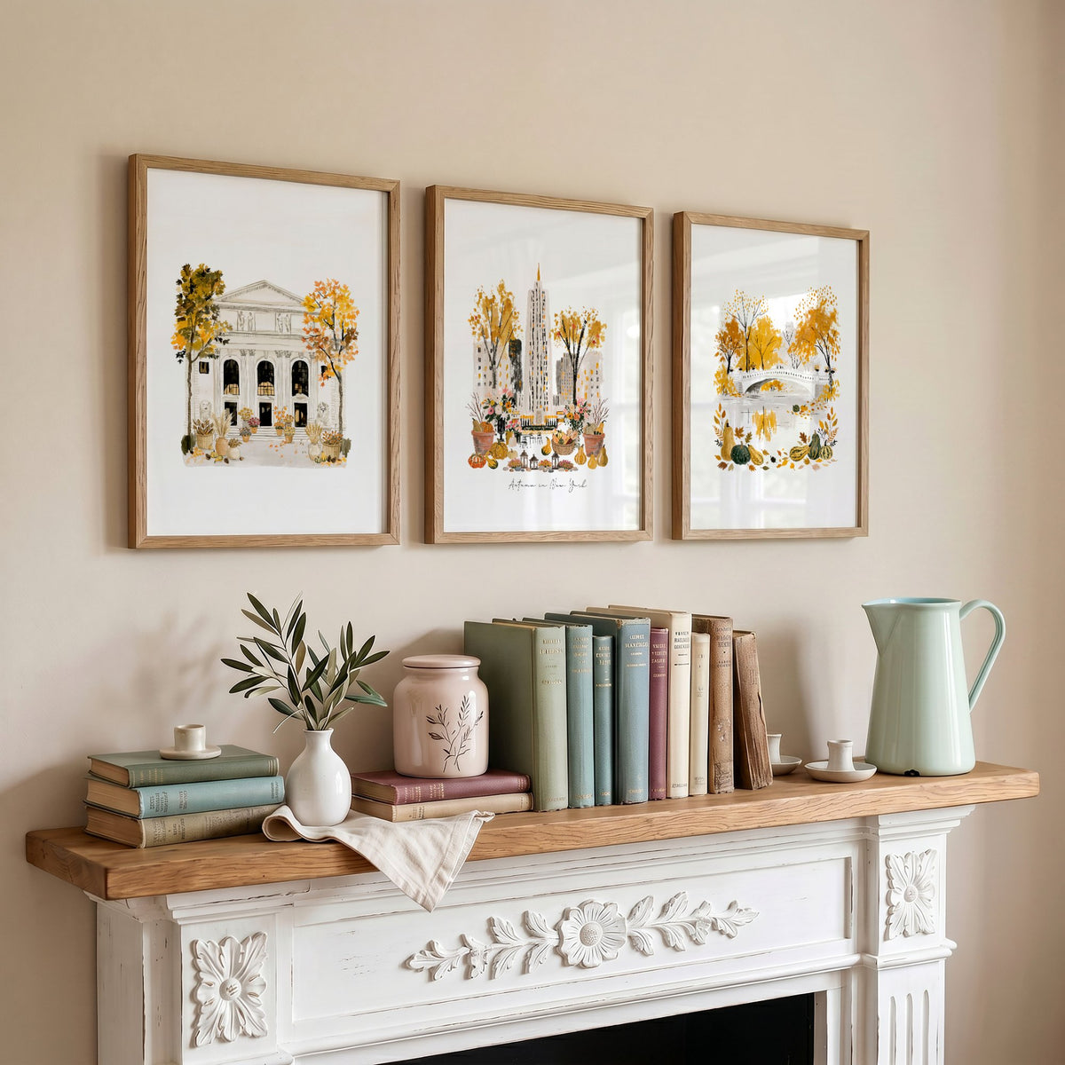New York Wall Art Canvas "Autumn in New York" Watercolour Travel wall art displayed on a wall in a styled room — view 3