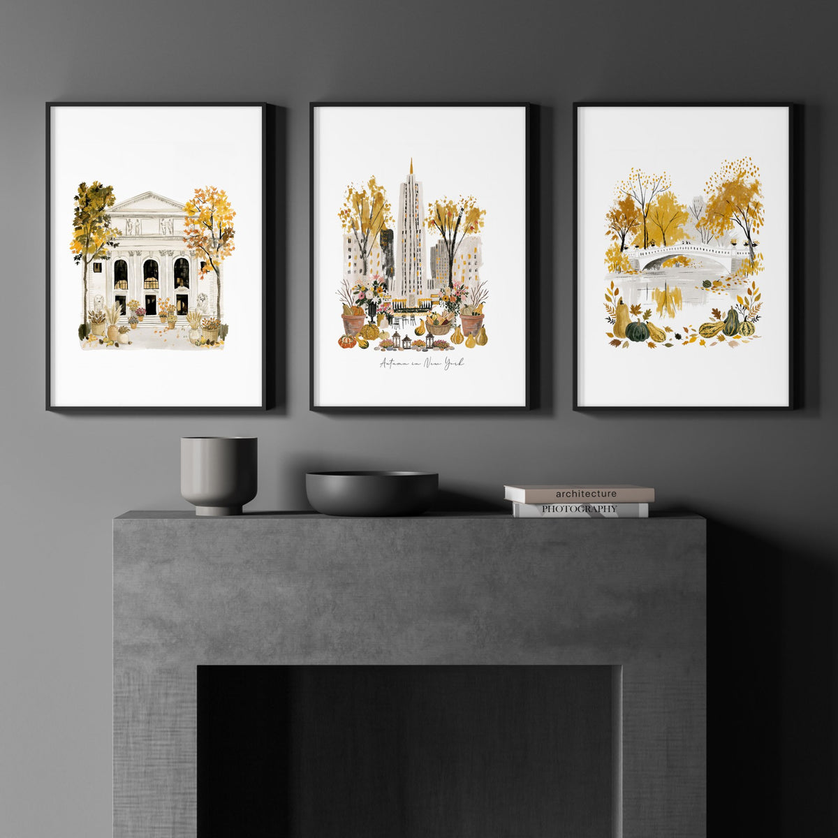 New York Wall Art Canvas "Autumn in New York" Watercolour Travel wall art displayed on a wall in a styled room — view 5