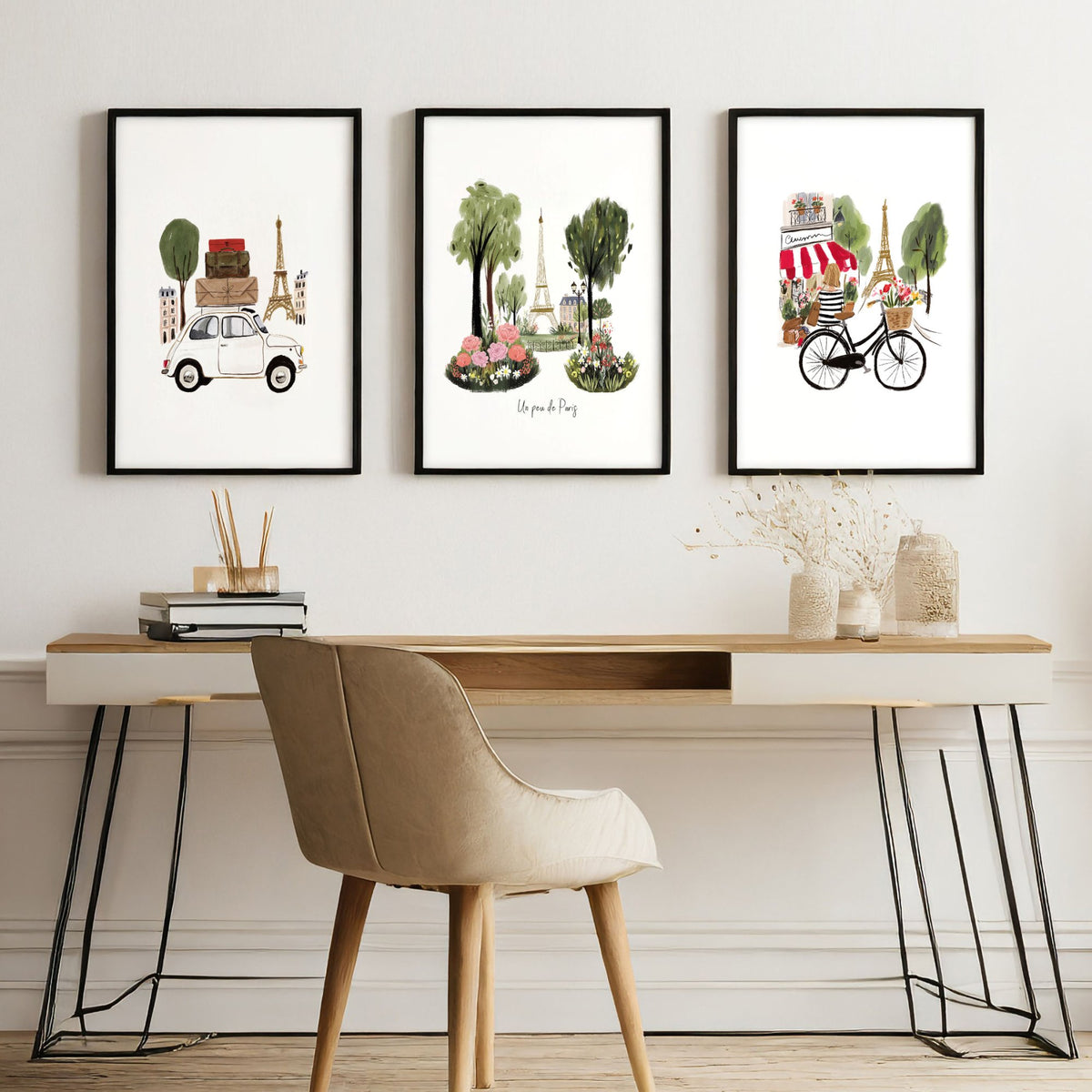 Office Decor Paris Eiffel Tower Travel wall art | "Un peu de Paris" displayed on a wall in a styled room — view 6