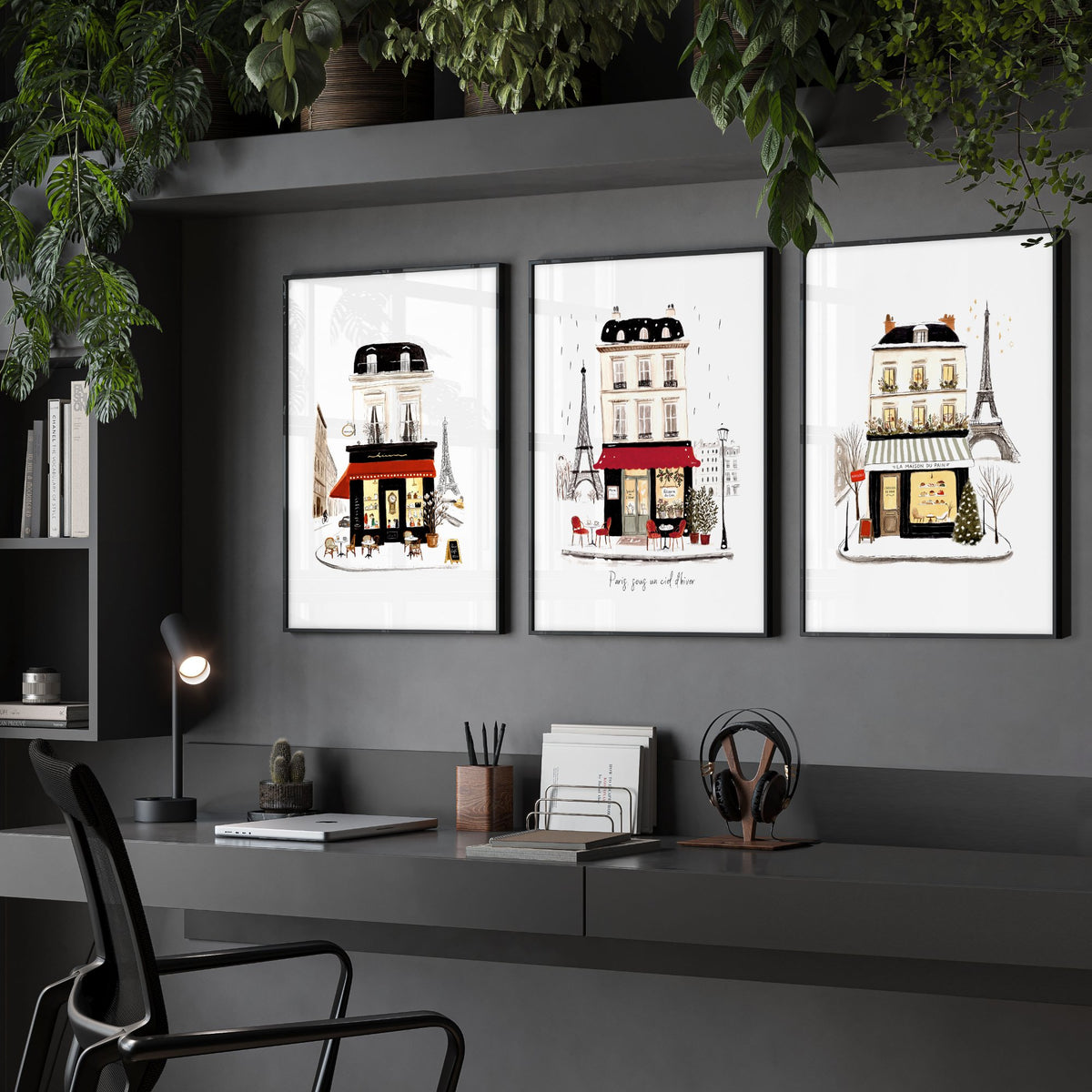 Office Wall Decor Ideas for Work | Paris Winter Street Scene Travel wall art "Paris sous un ciel d'hiver" displayed on a wall in a styled room