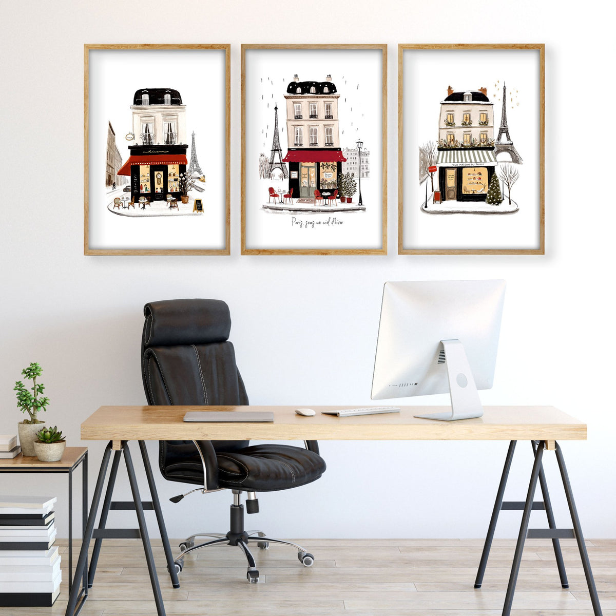 Office Wall Decor Ideas for Work | Paris Winter Street Scene Travel wall art "Paris sous un ciel d'hiver" displayed on a wall in a styled room — view 2