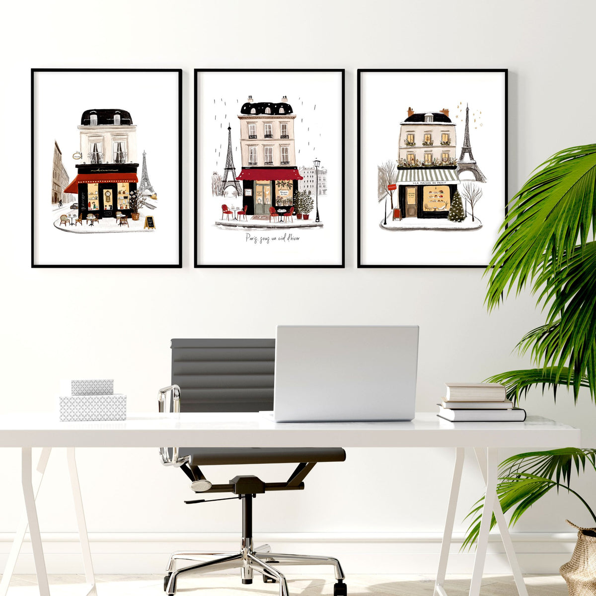 Office Wall Decor Ideas for Work | Paris Winter Street Scene Travel wall art "Paris sous un ciel d'hiver" displayed on a wall in a styled room — view 3