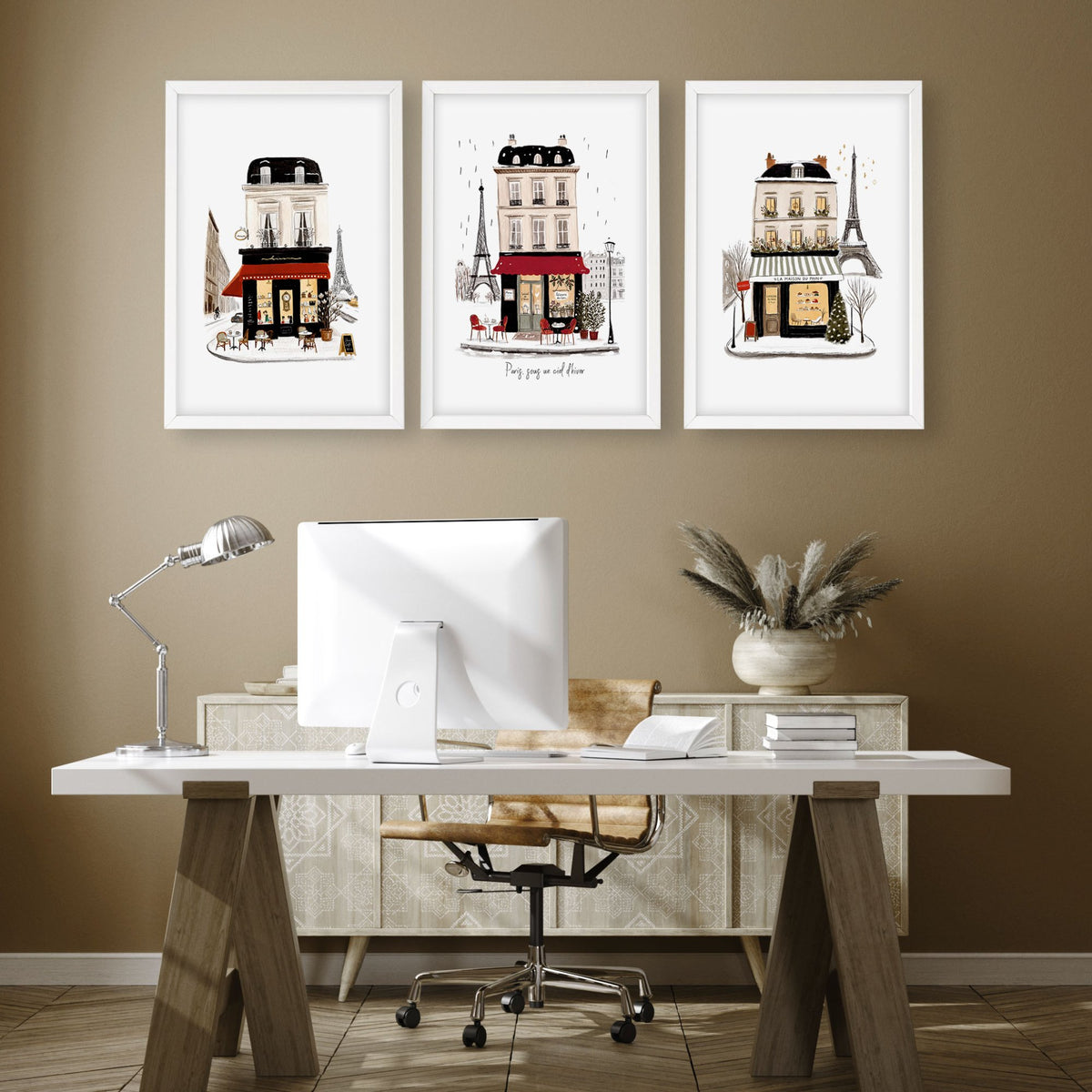 Office Wall Decor Ideas for Work | Paris Winter Street Scene Travel wall art "Paris sous un ciel d'hiver" displayed on a wall in a styled room — view 4