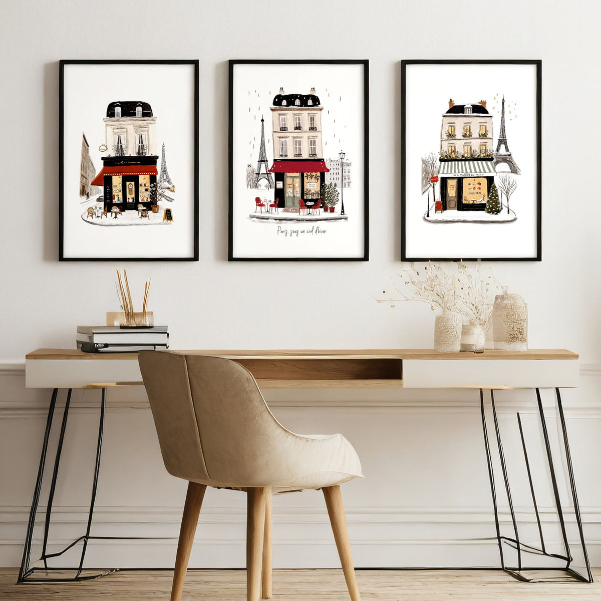 Office Wall Decor Ideas for Work | Paris Winter Street Scene Travel wall art "Paris sous un ciel d'hiver" displayed on a wall in a styled room — view 5