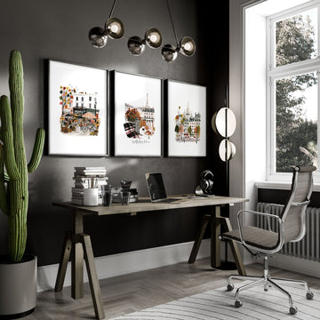 Office Wall Decoration Paris Travel wall art "Les Petits Plaisirs de la Vie" Eiffel Tower displayed on a wall in a styled room
