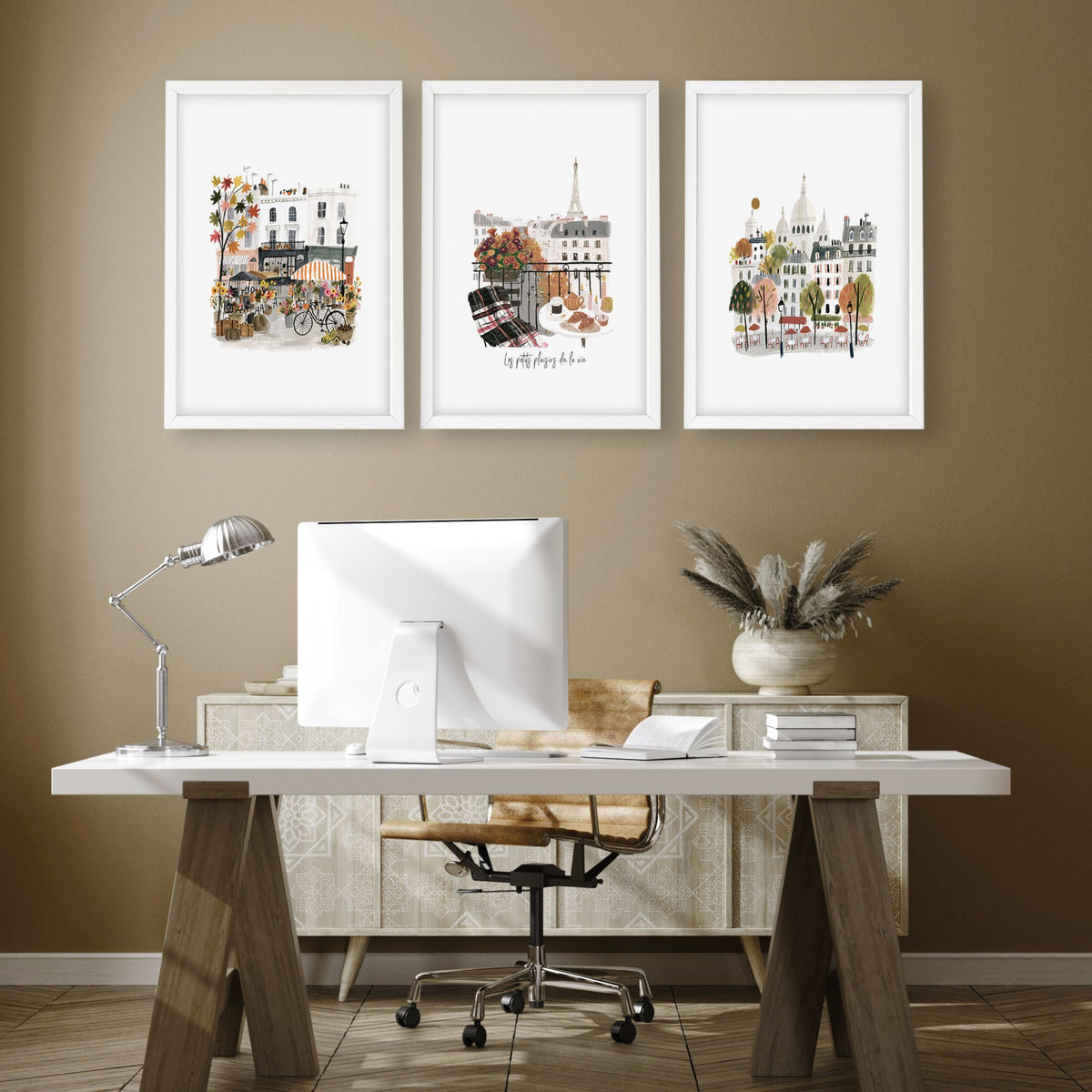 Office Wall Decoration Paris Travel wall art "Les Petits Plaisirs de la Vie" Eiffel Tower displayed on a wall in a styled room — view 5
