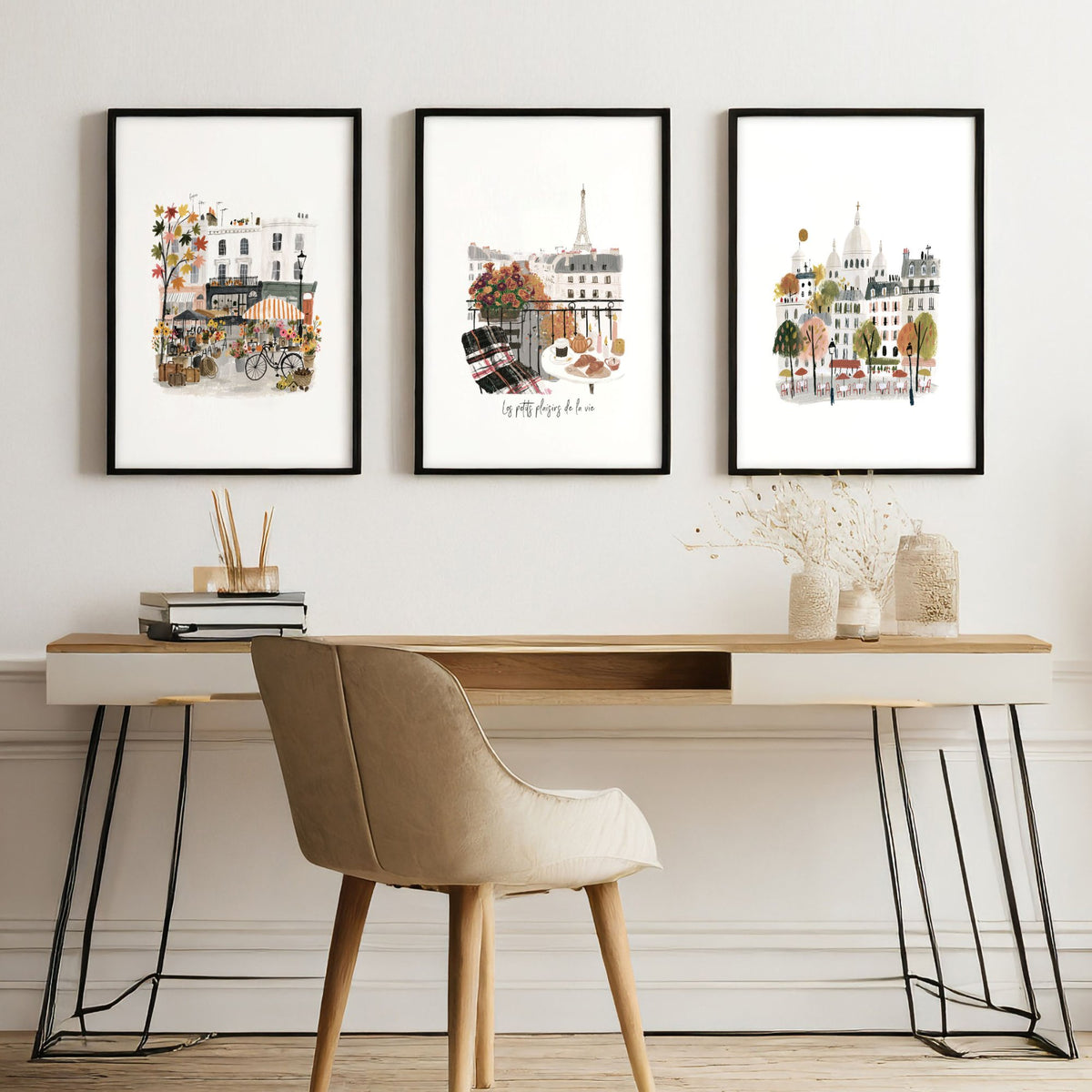 Office Wall Decoration Paris Travel wall art "Les Petits Plaisirs de la Vie" Eiffel Tower displayed on a wall in a styled room — view 6