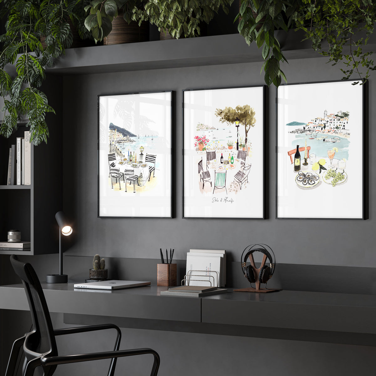 Office Wall Pictures Mediterranean Coastal Dining Watercolour Art | "Solo di Amalfi" displayed on a wall in a styled room