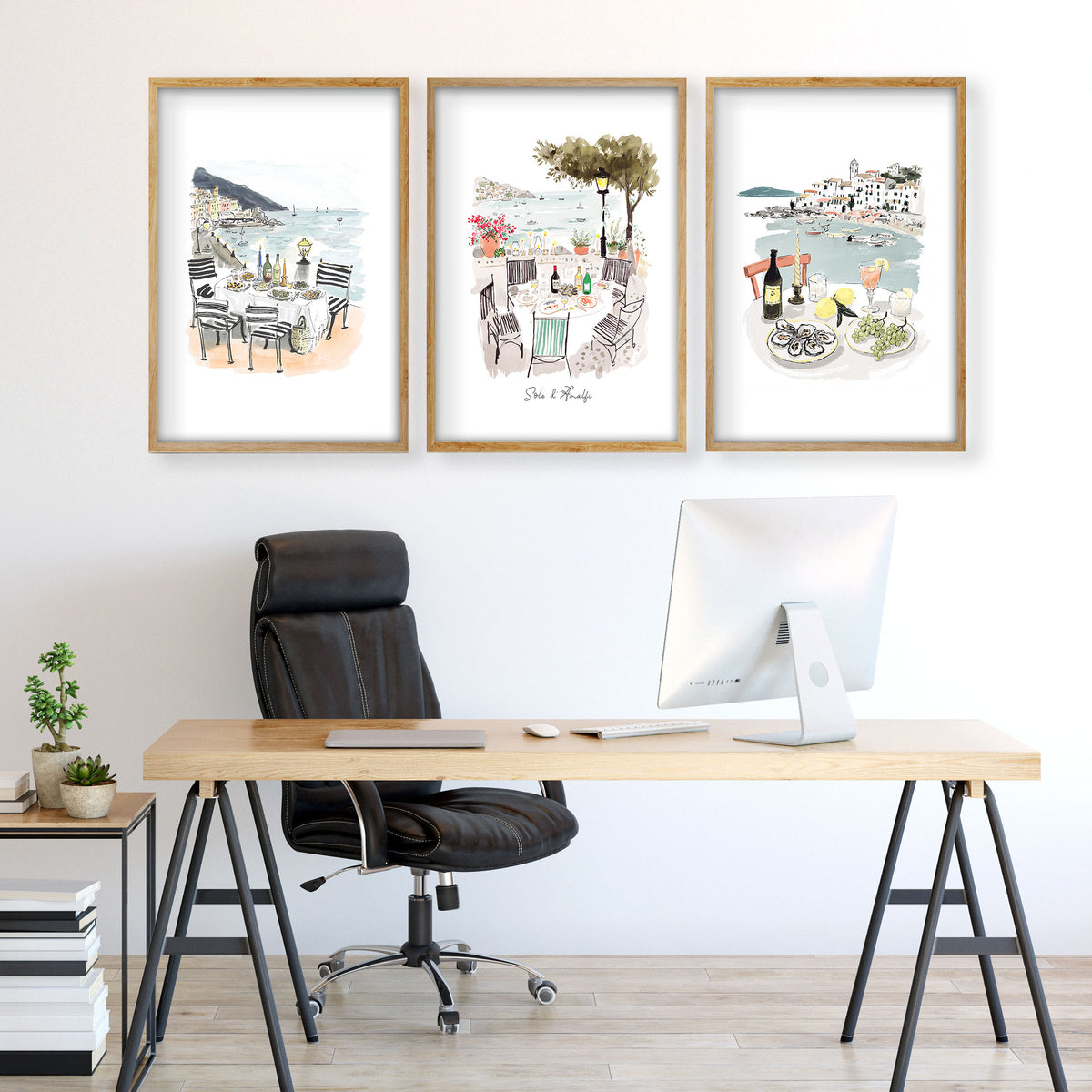 Office Wall Pictures Mediterranean Coastal Dining Watercolour Art | "Solo di Amalfi" displayed on a wall in a styled room — view 2
