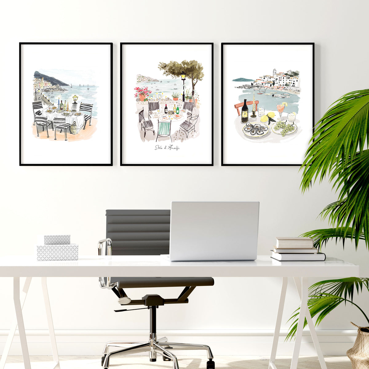 Office Wall Pictures Mediterranean Coastal Dining Watercolour Art | "Solo di Amalfi" displayed on a wall in a styled room — view 3