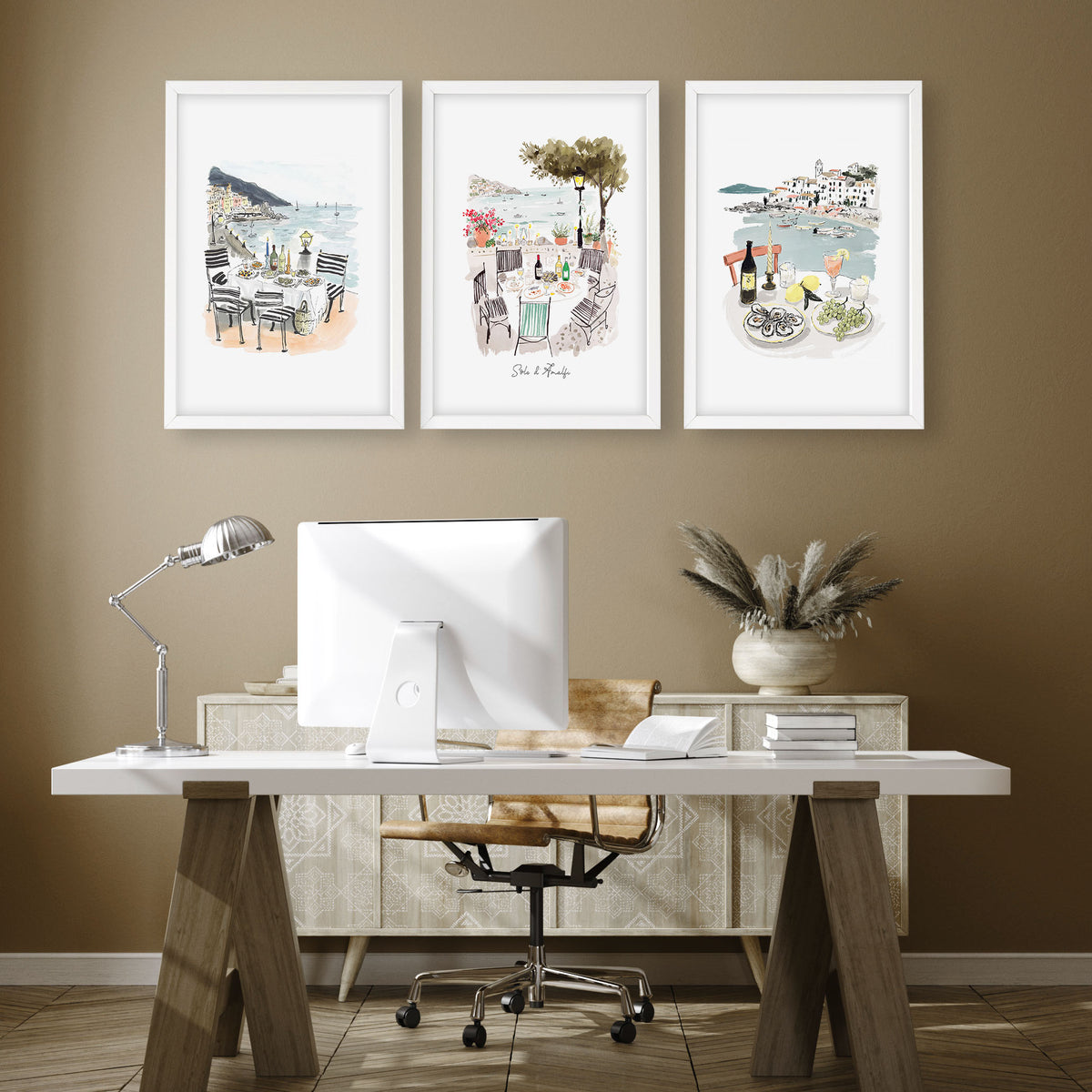Office Wall Pictures Mediterranean Coastal Dining Watercolour Art | "Solo di Amalfi" displayed on a wall in a styled room — view 4