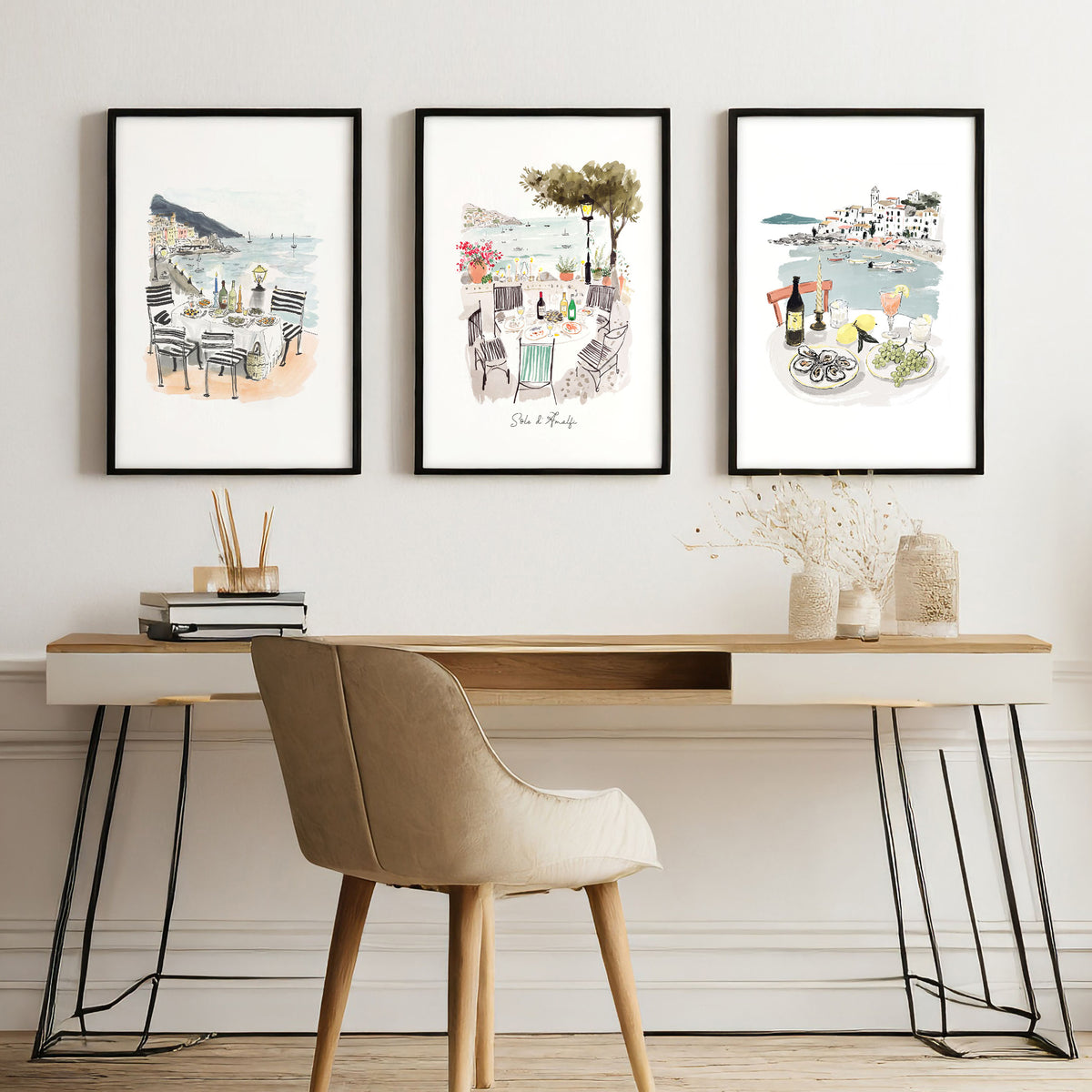Office Wall Pictures Mediterranean Coastal Dining Watercolour Art | "Solo di Amalfi" displayed on a wall in a styled room — view 5