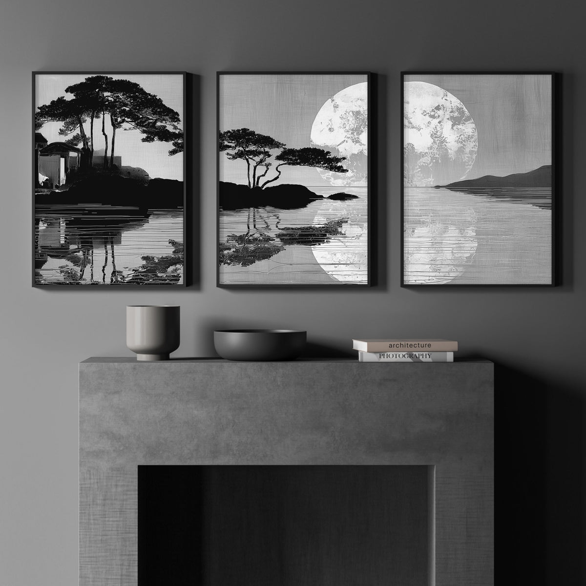 Oriental Home Decor Japanese Moonrise Landscape wall art displayed on a wall in a styled room