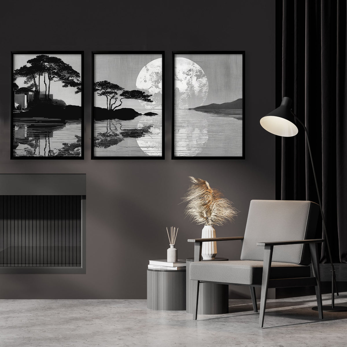 Oriental Home Decor Japanese Moonrise Landscape wall art displayed on a wall in a styled room — view 2