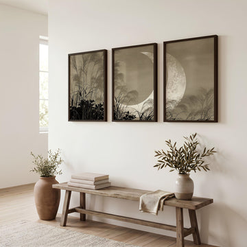 Oriental Wall Art Panels | Japanese Moon & Pampas Grass Beige & Black displayed on a wall in a styled room