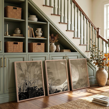 Oriental Wall Art Panels | Japanese Moon & Pampas Grass Beige & Black displayed on a wall in a styled room — view 2