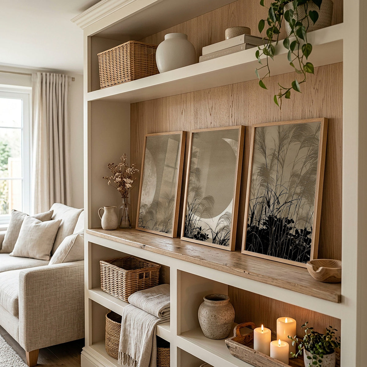 Oriental Wall Art Panels | Japanese Moon & Pampas Grass Beige & Black displayed on a wall in a styled room — view 3