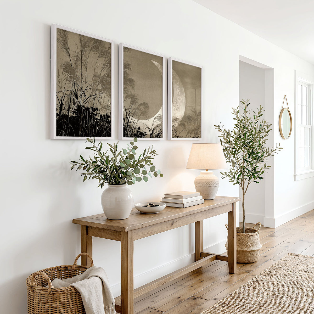 Oriental Wall Art Panels | Japanese Moon & Pampas Grass Beige & Black displayed on a wall in a styled room — view 4