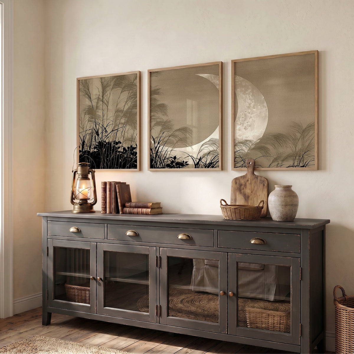 Oriental Wall Art Panels | Japanese Moon & Pampas Grass Beige & Black displayed on a wall in a styled room — view 5