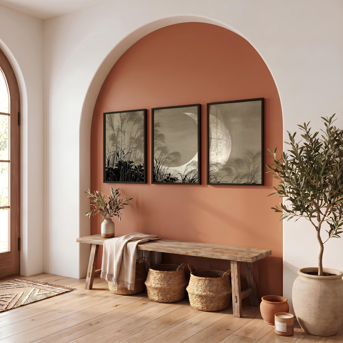 Oriental Wall Art Panels | Japanese Moon & Pampas Grass Beige & Black displayed on a wall in a styled room — view 9