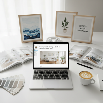 Overhead view of blog editor workspace with magazines and wall art prints