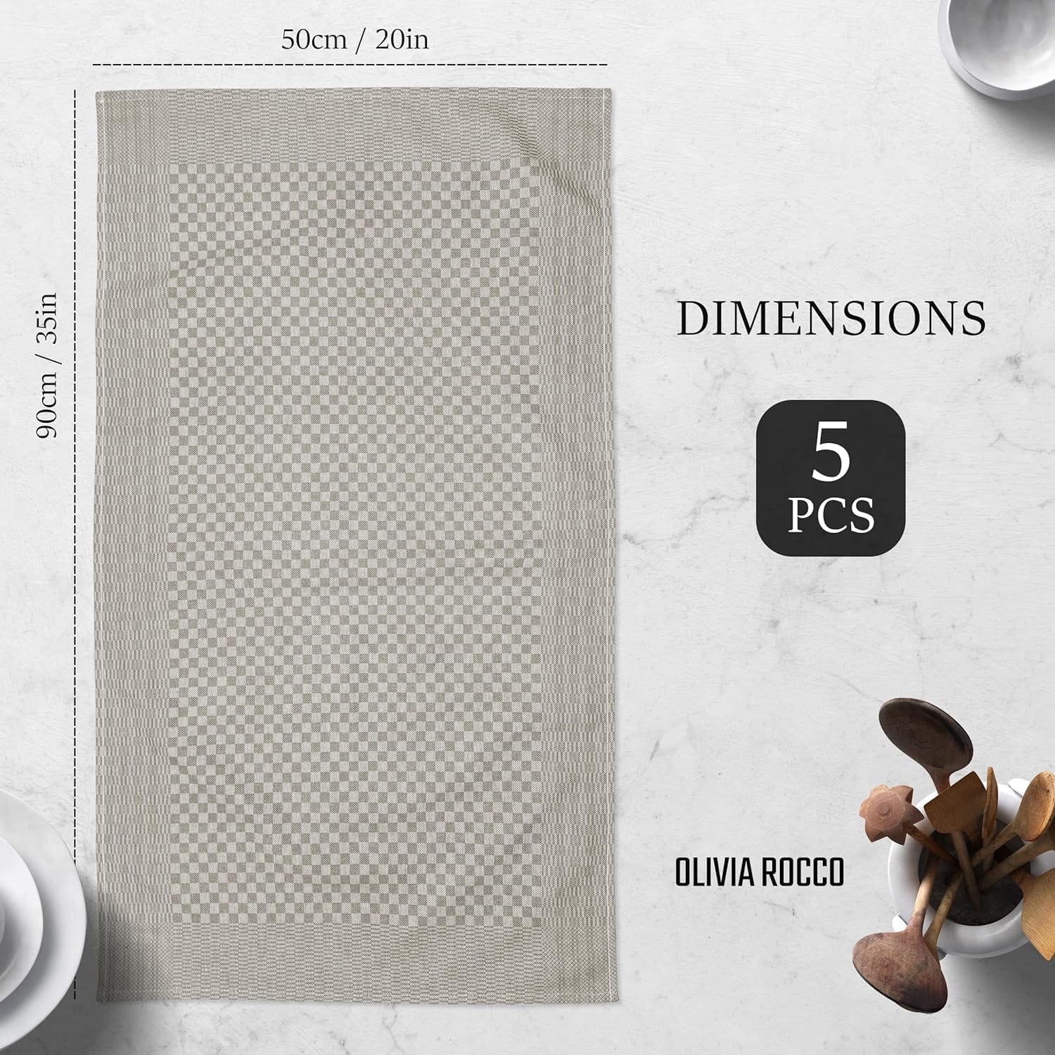 Pack of 5 Large Super Absorbent 100 Percent Cotton Tea Towels Quick Dry Durable Check Pattern Dish Cloths for Kitchen Home and Professional Use