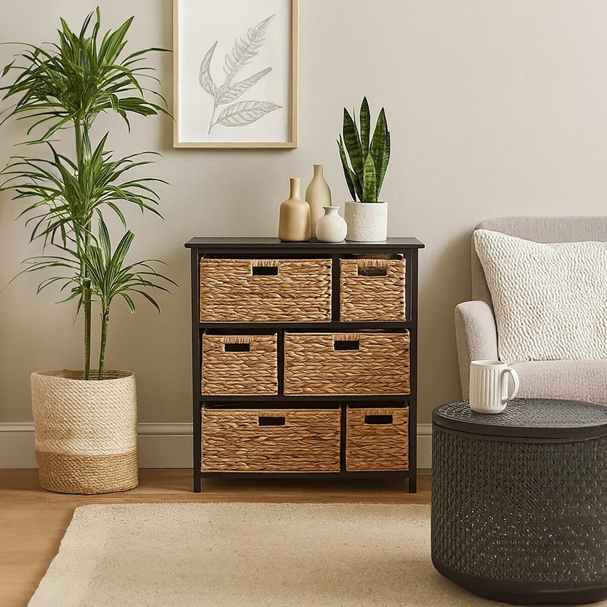 Padstow Black Storage Unit with 6 Water Hyacinth Drawers
