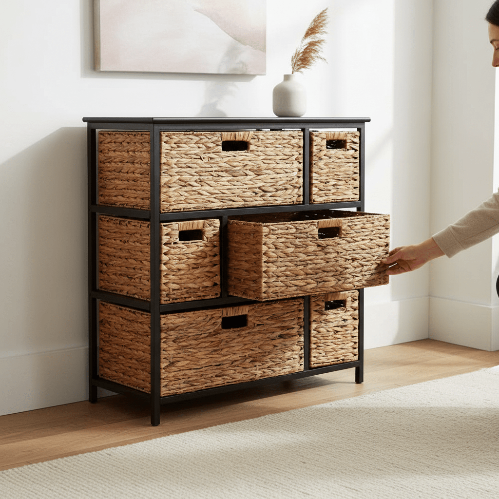 Padstow Black Storage Unit with 6 Water Hyacinth Drawers